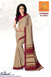 Calico Printed Maroon and Beige Crepe Uniform Saree for Teacher