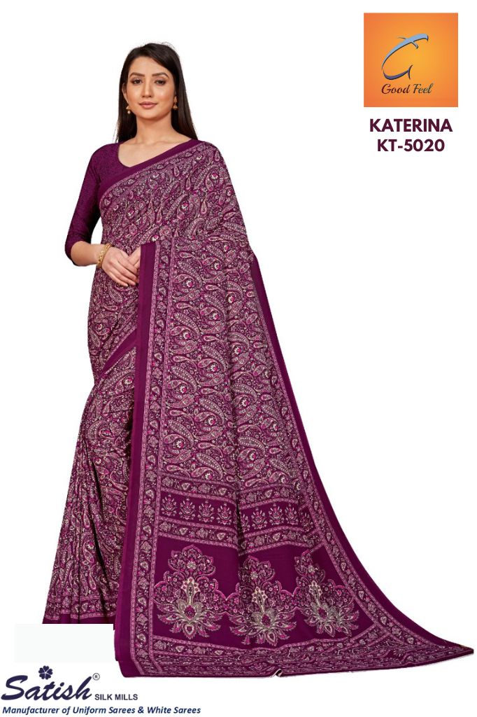 Floral Printed Purple Crepe Uniform Sarees