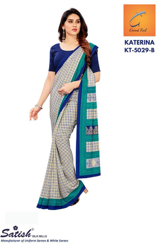 Designer Checks Printed Rama And Blue Crepe Uniform Saree