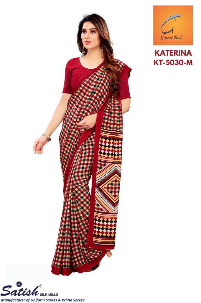 Red Check Printed Crepe Uniform Saree-(KT-5030)