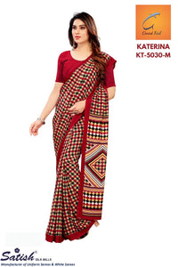 Red Check Printed Crepe Uniform Saree-(KT-5030)