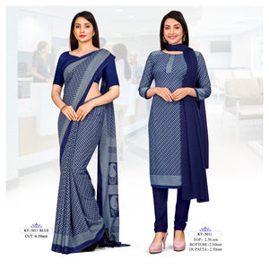 Calico Print Blue Matt Crepe Uniform Saree & Dress Material