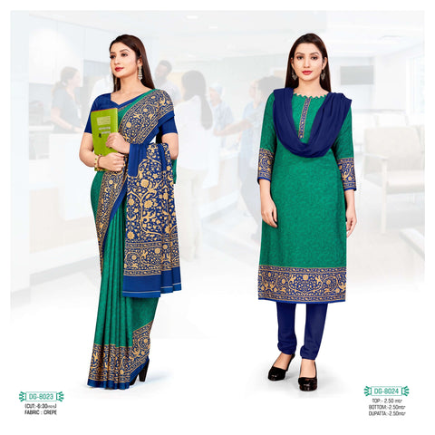 Plain Turquoise Crepe Uniform Saree & Dress Material (Combo Uniform)
