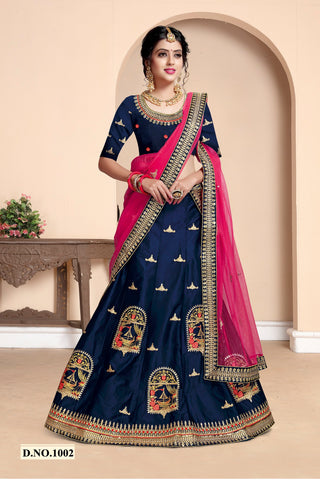 Designer Navy Blue Silk Embroidered Lehenga