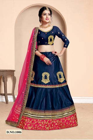 Designer Blue With Pink Border Silk Embroidered Lehenga