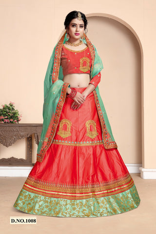 Designer Red With Green Border Silk Embroidered Lehenga