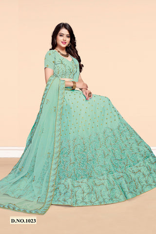Green Net Embroidered Lehenga Choli with Dupatta