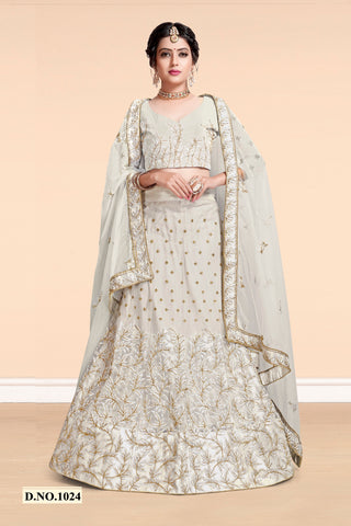 Off White Net Embroidered Lehenga Choli with Dupatta
