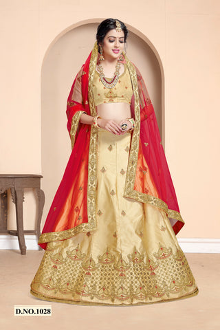 Designer Embroidered Beige Silk Lehenga