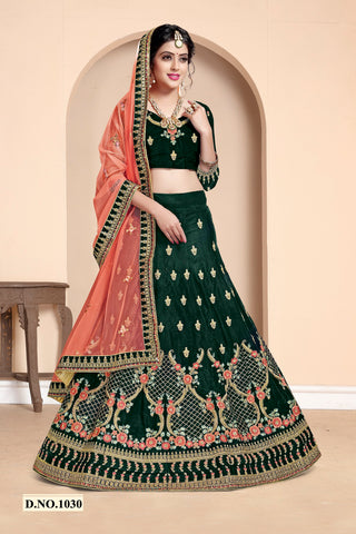 Green Embroidered Velvet Lehenga