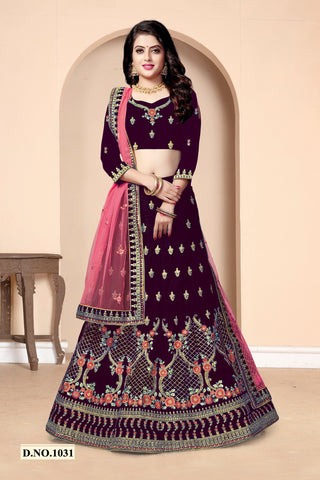 Purple Embroidered Velvet Lehenga