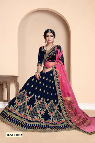 Blue Embroidered Velvet Lehenga