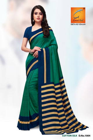 Plain Green with Blue Border Cotton Silk Uniform Saree