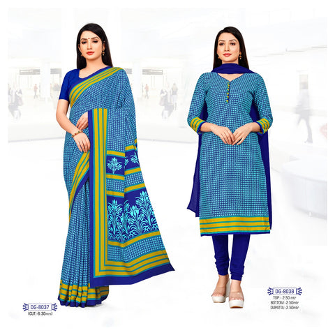 Blue Calico Printed Crepe Uniform Saree & Suit (Combo Uniform)