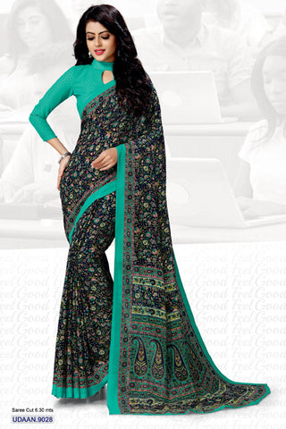 Floral Printed Blue And Turquoise Chiffon Uniform Sarees